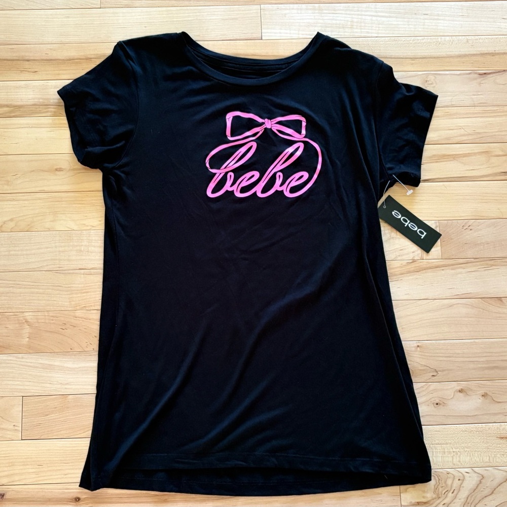 Bebe Black Graphic Tee with Pink Bow Logo (NWT)